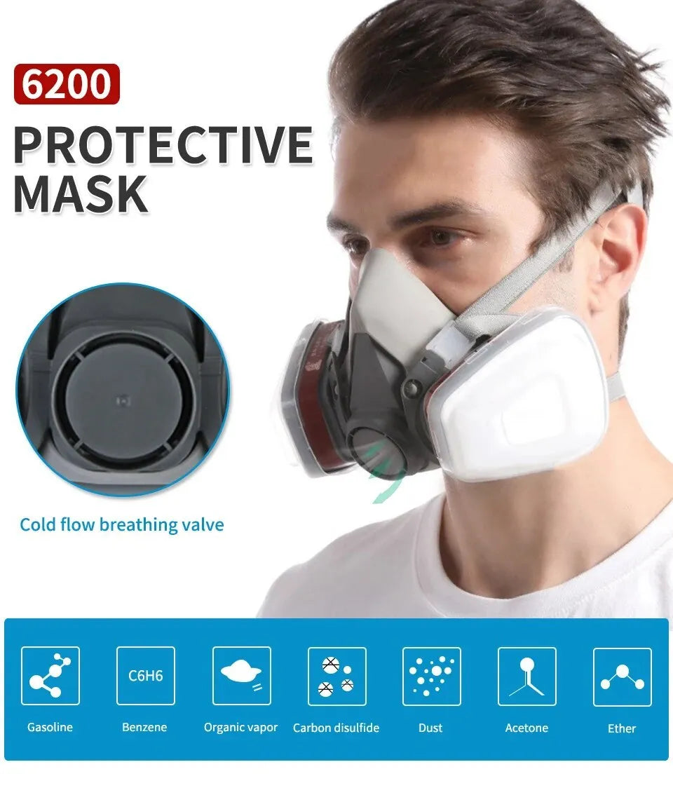 Original 6200 reusable half face respirator mask with fog-proof glasses, filters, and filter lids in an 8-in-1 set.