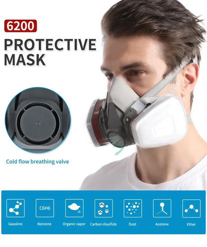 Original 6200 reusable half face respirator mask with fog-proof glasses, filters, and filter lids in an 8-in-1 set.