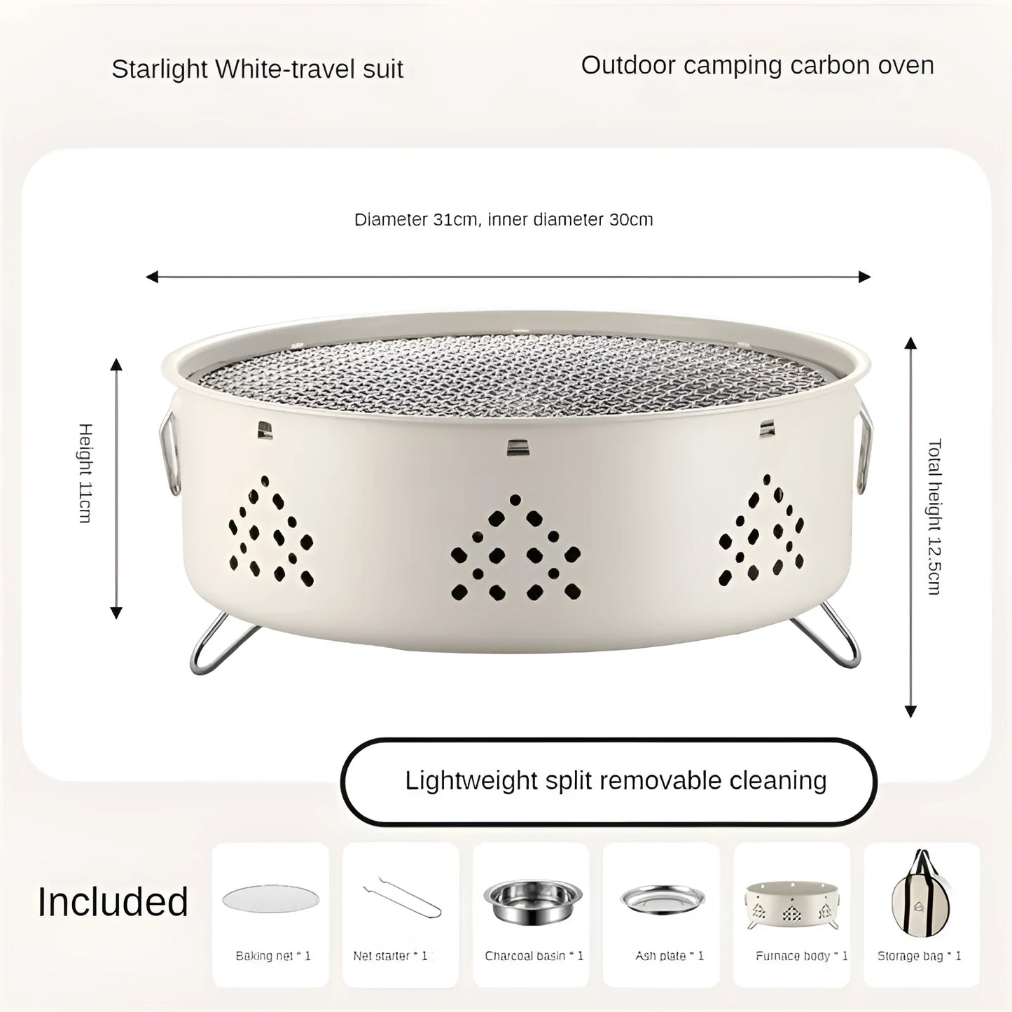 Detachable stainless steel portable barbecue grill with storage bag, shown assembled for outdoor use.