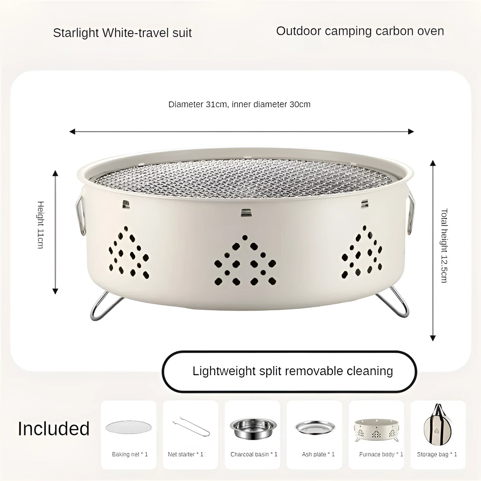 Detachable stainless steel portable barbecue grill with storage bag, shown assembled for outdoor use.