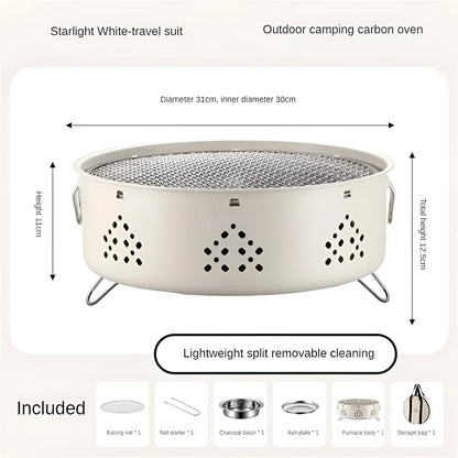 Detachable stainless steel portable barbecue grill with storage bag, shown assembled for outdoor use.