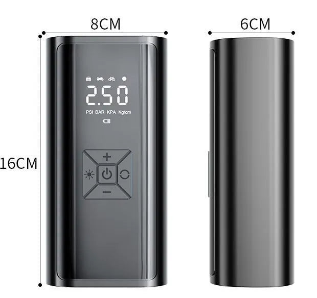 Portable wireless digital car tyre pump with dual display showing pressure readings