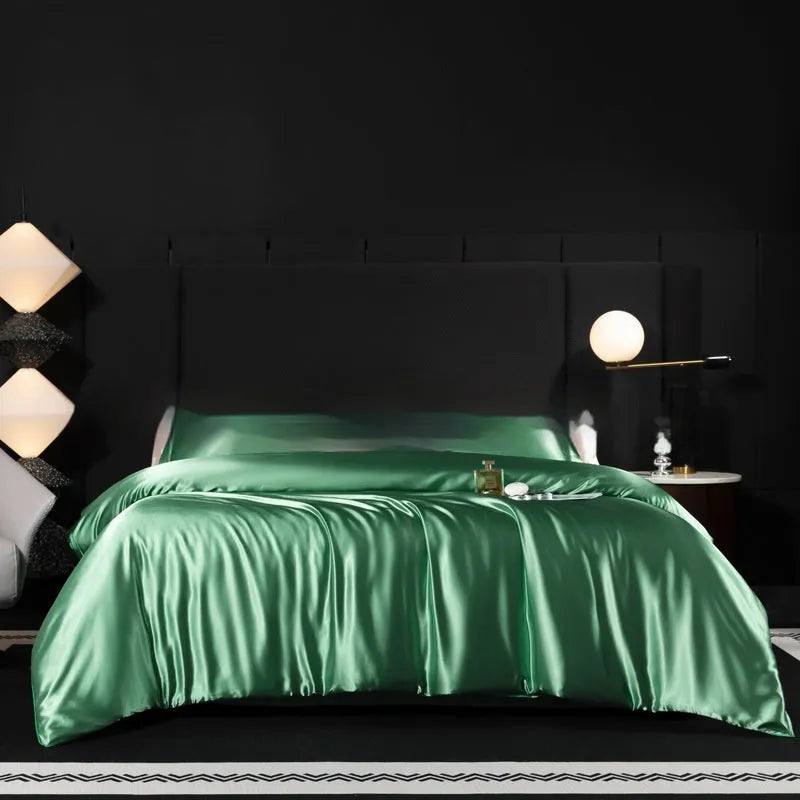 Household Fashion 100% silk bed sheet four-piece set in seven colour options showing fitted sheet, flat sheet and pillowcases