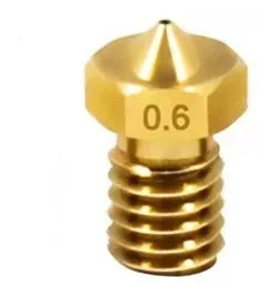 Brass 3D printer nozzle with M6 thread showing different outlet aperture sizes on a white background.