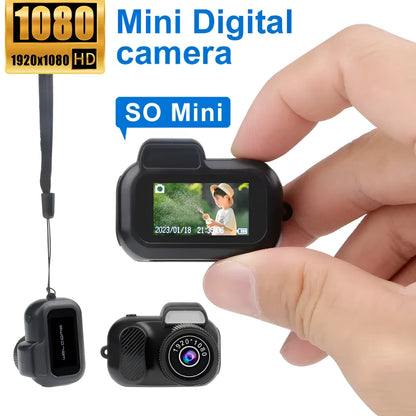 Black retro-style mini camera with display screen for 1080p HD video recording