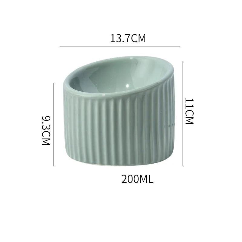 Ceramic raised cat bowl in light green, showing elevated tilted design for pet feeding.