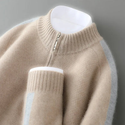 Sheep wool sweater with half-height zip, round neck, and slim fit in raw velvet camel colour