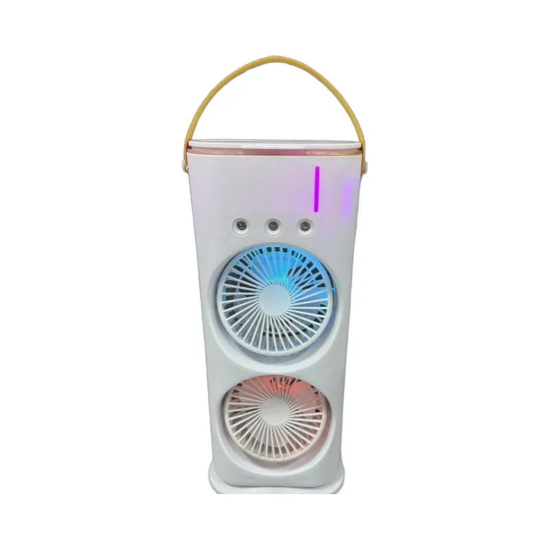 White portable humidifier fan with double heads and remote control on a table