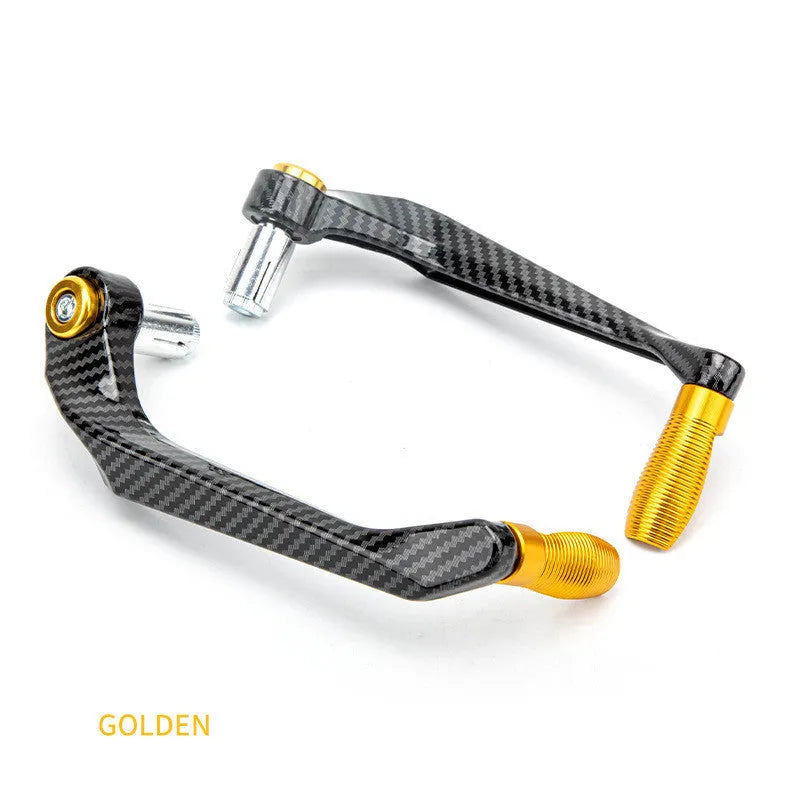 A pair of aluminium motorcycle hand guards with water transfer printing in one of five colour options: black, red, silver, gold, or blue.
