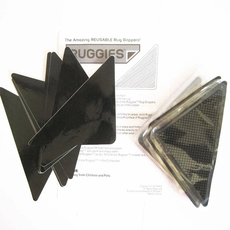 Secure rug grippers with polymer technology to prevent curling, slipping, and tripping on hardwood, tile, and other floor surfaces