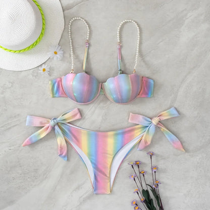 Women's shell rainbow pattern split tied bikini swimsuit with triangle top and high-waist bottoms