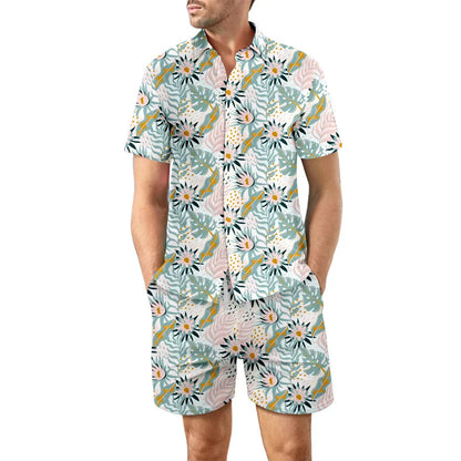Stylish two-piece beach outfit with a relaxed button-up shirt and drawstring shorts in vibrant tropical prints
