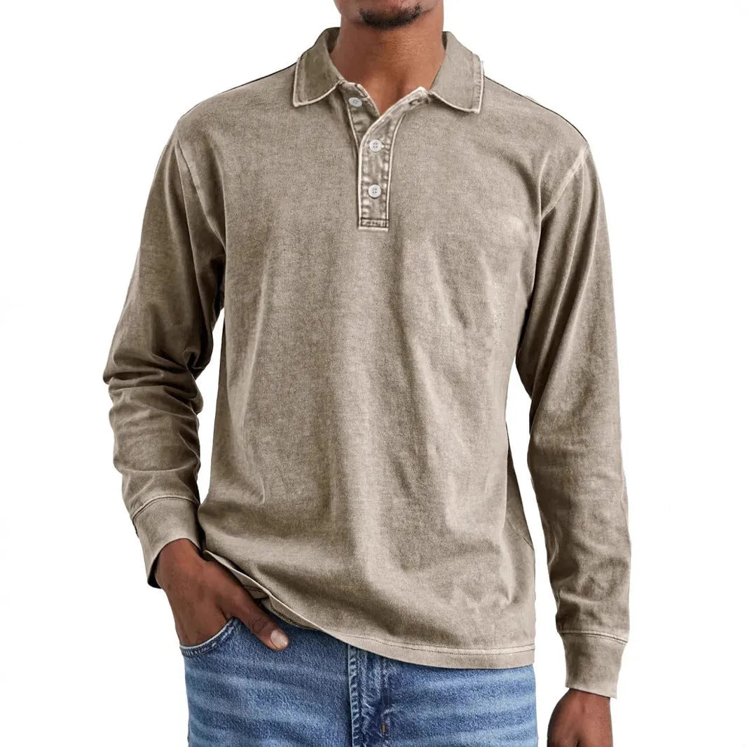 Retro washed distressed cotton lapel long sleeve polo shirt in various colours and sizes
