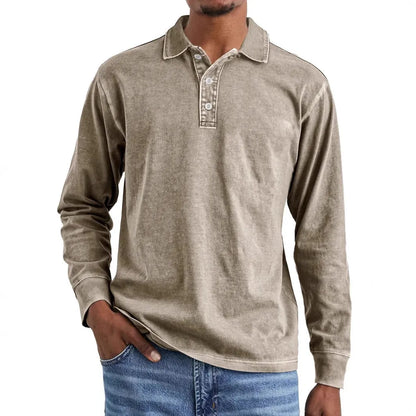 Retro washed distressed cotton lapel long sleeve polo shirt in various colours and sizes