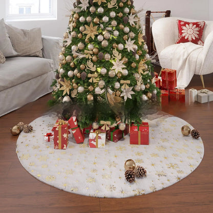 XINGX plush Christmas tree group mat with gilding snowflake designs in Christmas tree, cedar, and star styles.
