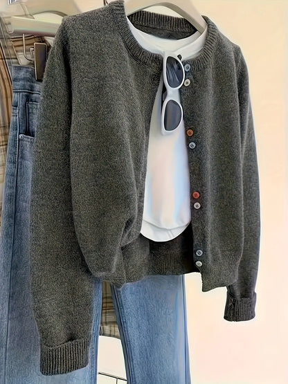 Women's dark grey polyester cardigan with button front and long sleeves