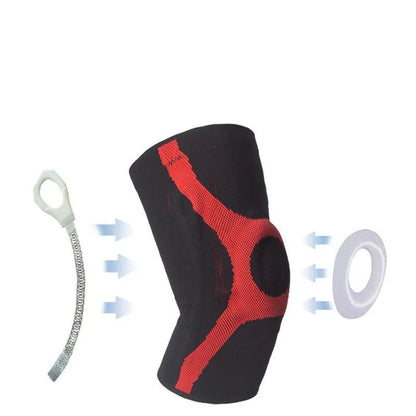 Red silicone knitted sports knee pad shown on a knee, demonstrating its non-slip design for running and climbing.