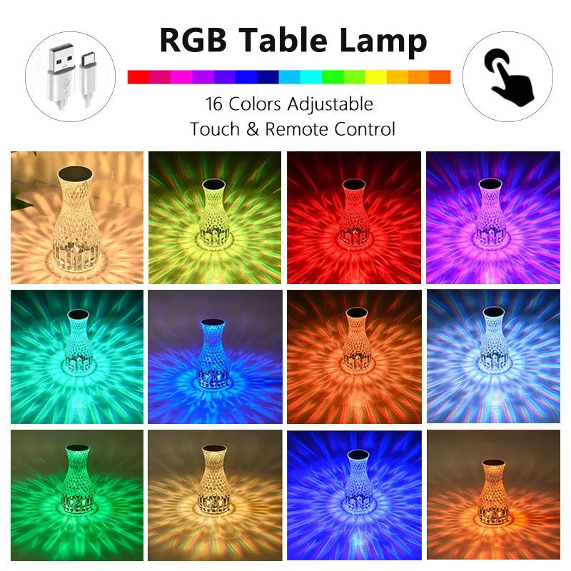 Transparent vase-shaped crystal table lamp with remote control on a wooden bedside table.