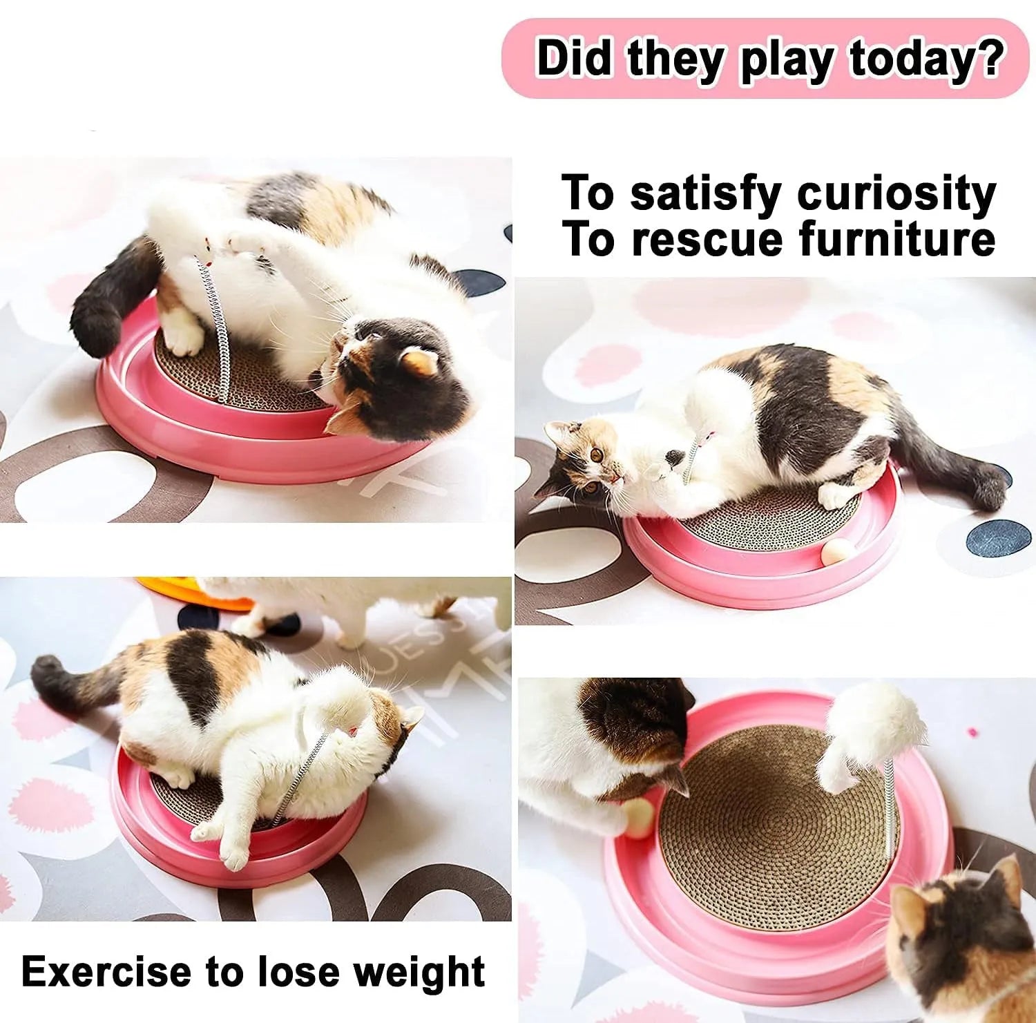 Blue cat scratcher toy with ball track and replaceable 9.7-inch scratch pad measuring 40x40cm