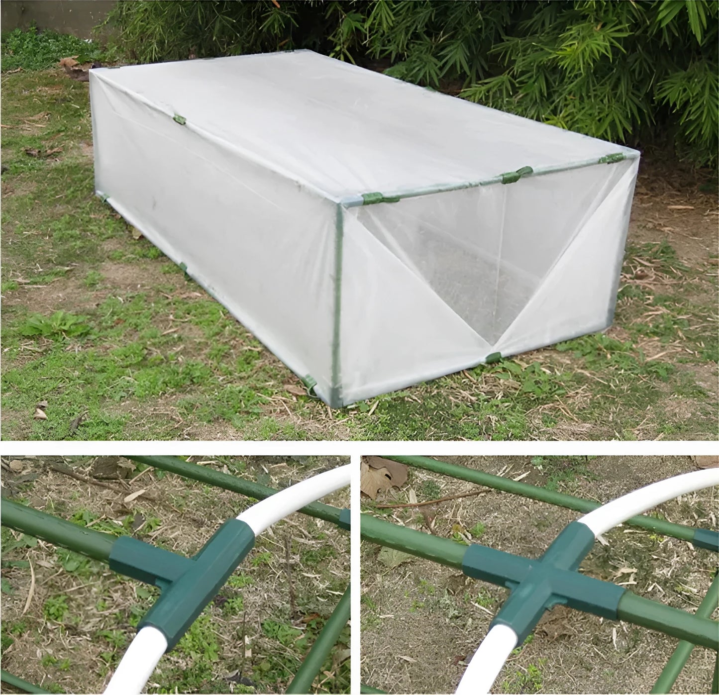Two white PP plastic 3-way and 4-way plant support connector joints for 11mm garden stakes.