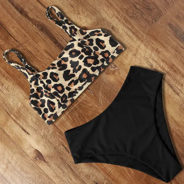Women's leopard print high waist bikini swimsuit set on a mannequin, showing bra and briefs.