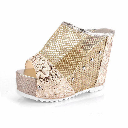 Korean platform flip-flops with hollowed chunky heel in mesh construction, available in black, gold or silver colours