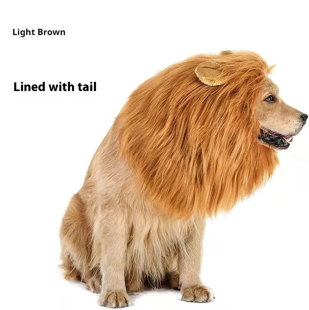 Dog wearing adjustable lion headdress costume with elastic neckband in light brown colour