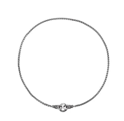 Simple polished S925 sterling silver chain necklace on a dark background, showing its length and clasp.