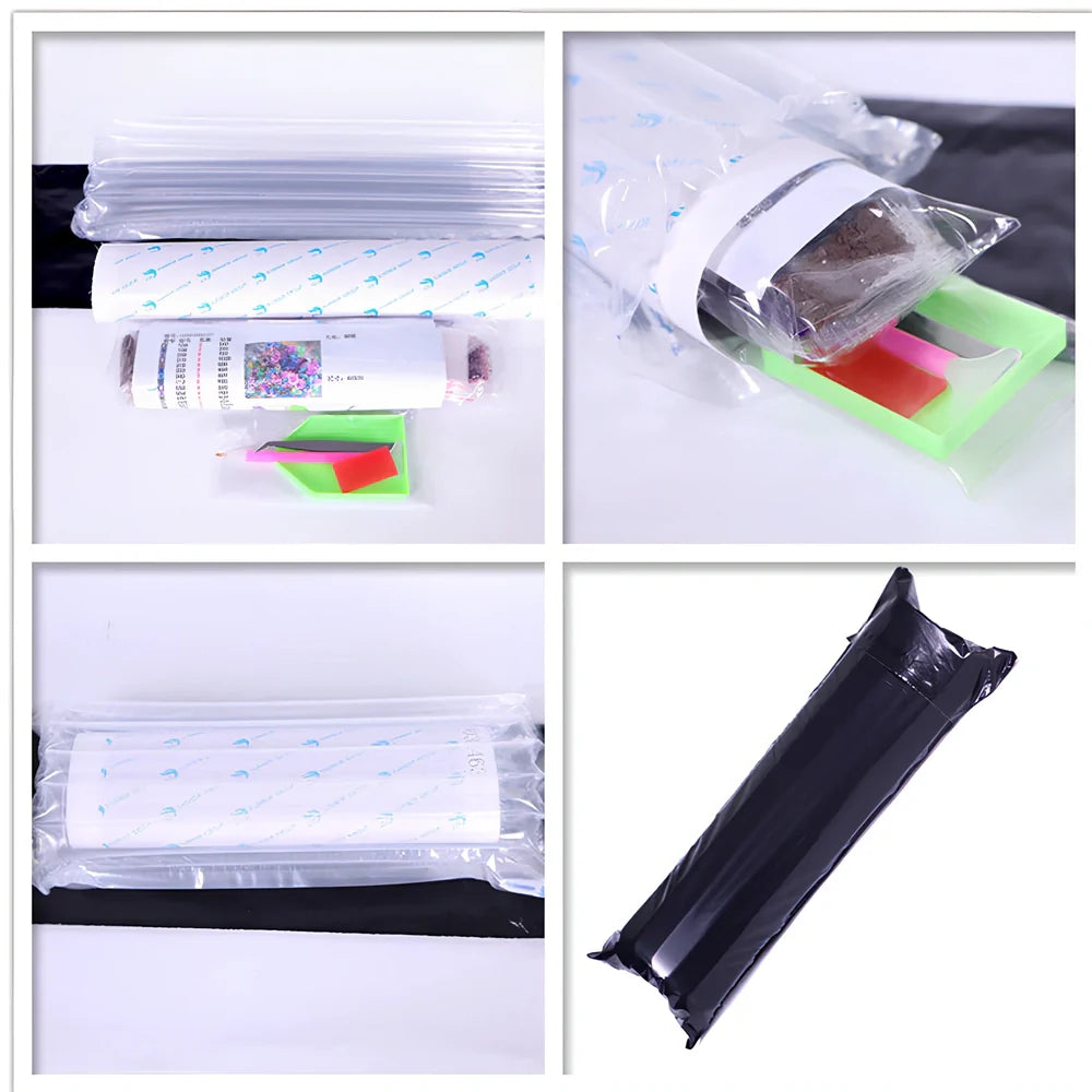 Diamond painting DIY kit showing four consecutive canvas panels forming 115x60cm artwork with oil-on-canvas material