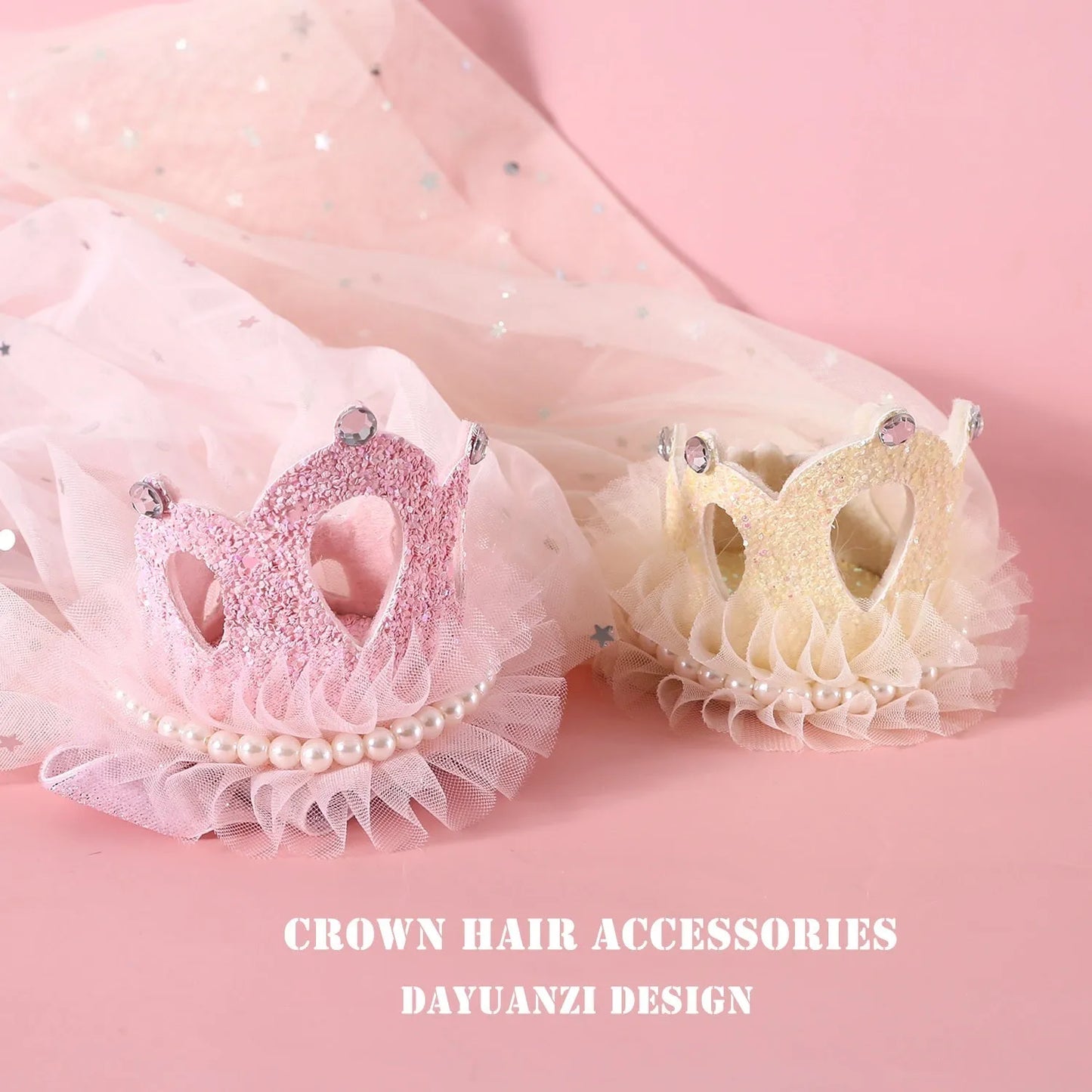Cat wearing a princess crown headdress with a choice of beige or pink veil