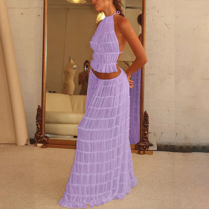Sleeveless backless crop top and pleated maxi dress set in various colors