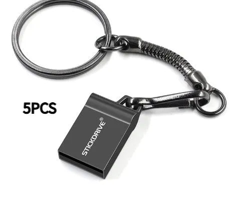 Silver metal USB flash drive with a carabiner keychain clip attached
