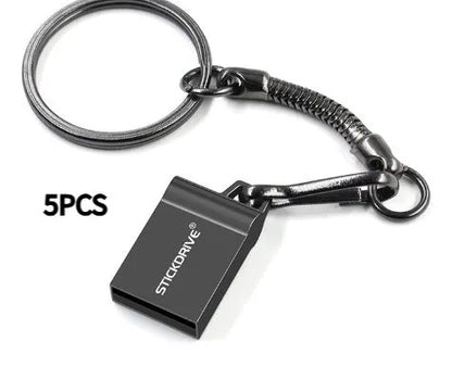 Silver metal USB flash drive with a carabiner keychain clip attached