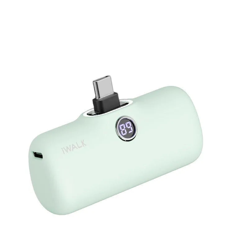 Compact lipstick-style power bank showing screen display with battery percentage, measuring 78mm x 51mm x 25mm