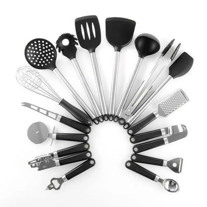 Black silicone spatula and spoon kitchen set with stainless steel handles, 16 pieces.