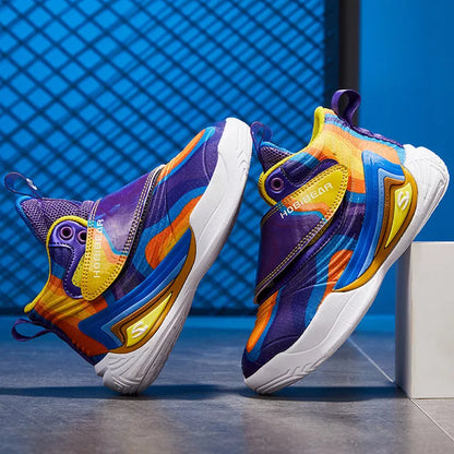 Children's breathable PU leather and mesh basketball shoes with Velcro closure in purple blue and purple yellow
