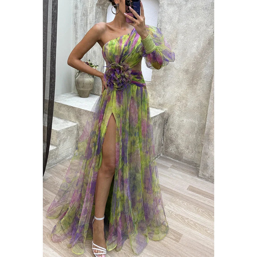 Mesh Tie-dye Printed Off-shoulder Slit Dress in vibrant colors for summer fashion