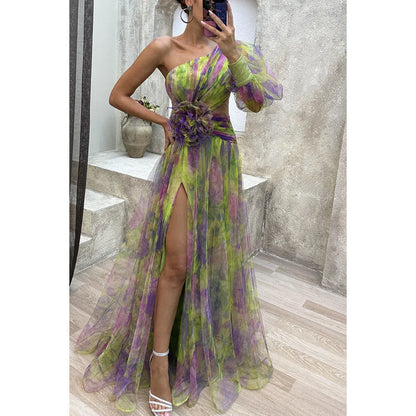 Mesh Tie-dye Printed Off-shoulder Slit Dress in vibrant colors for summer fashion
