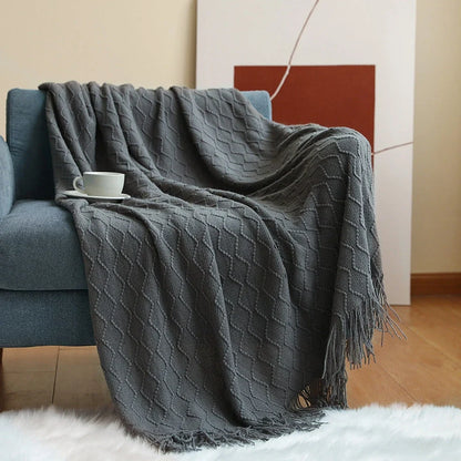 Nordic knitted sofa blanket in beige, yellow, khaki, grey, blue, or pink measuring 127x152cm or 130x200cm