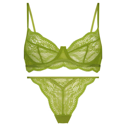 Women's black red or green nylon French bra bikini set with double shoulder straps, sizes S M L XL.