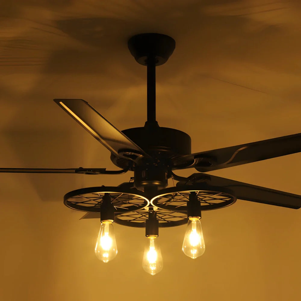 Retro industrial ceiling fan with five wooden blades, bird cage housing, and remote control