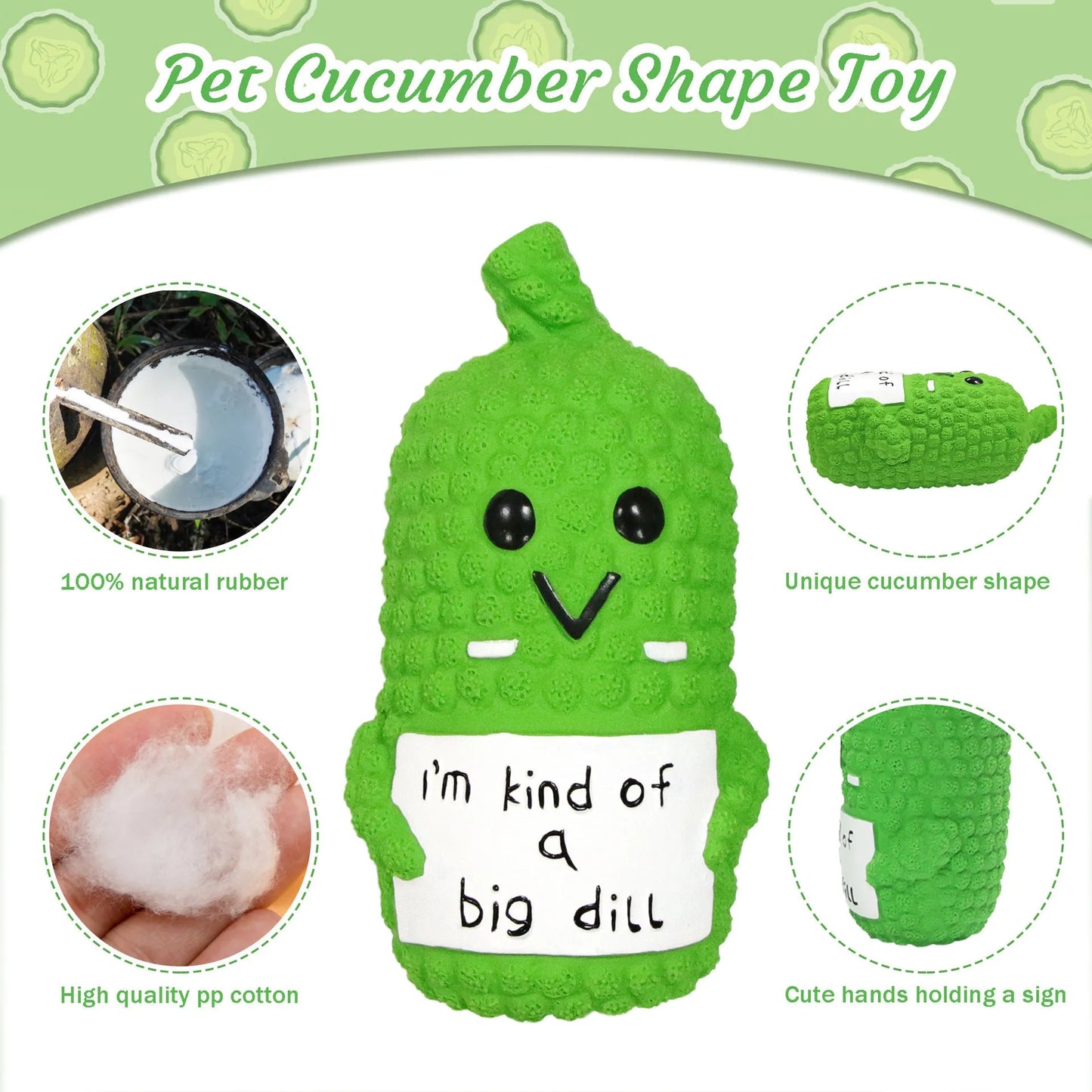 Green latex pickle-shaped squeaky dog chew toy for teething puppies and mild chewers.