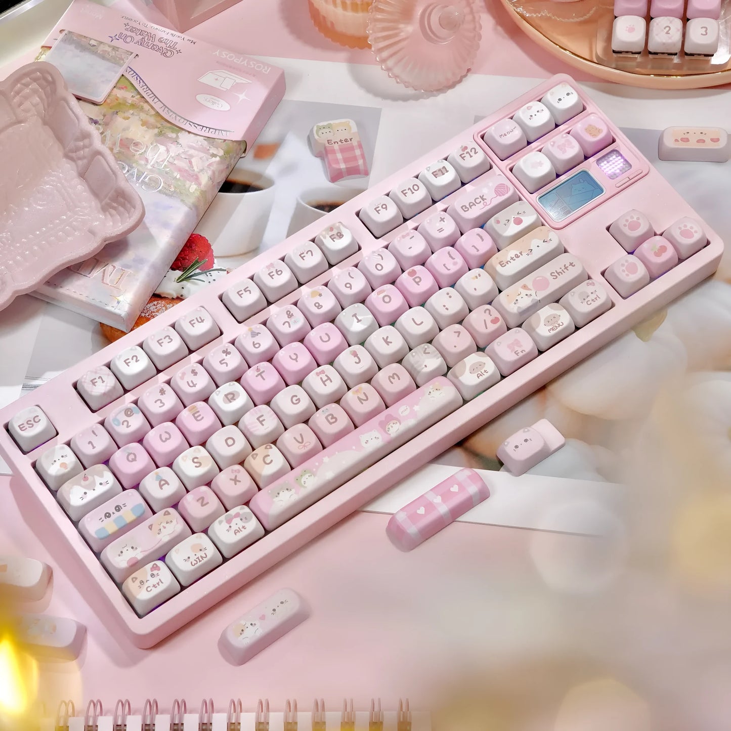 MOA Height five-sided sublimation key cap in solid pink with cartoon design for mechanical keyboards
