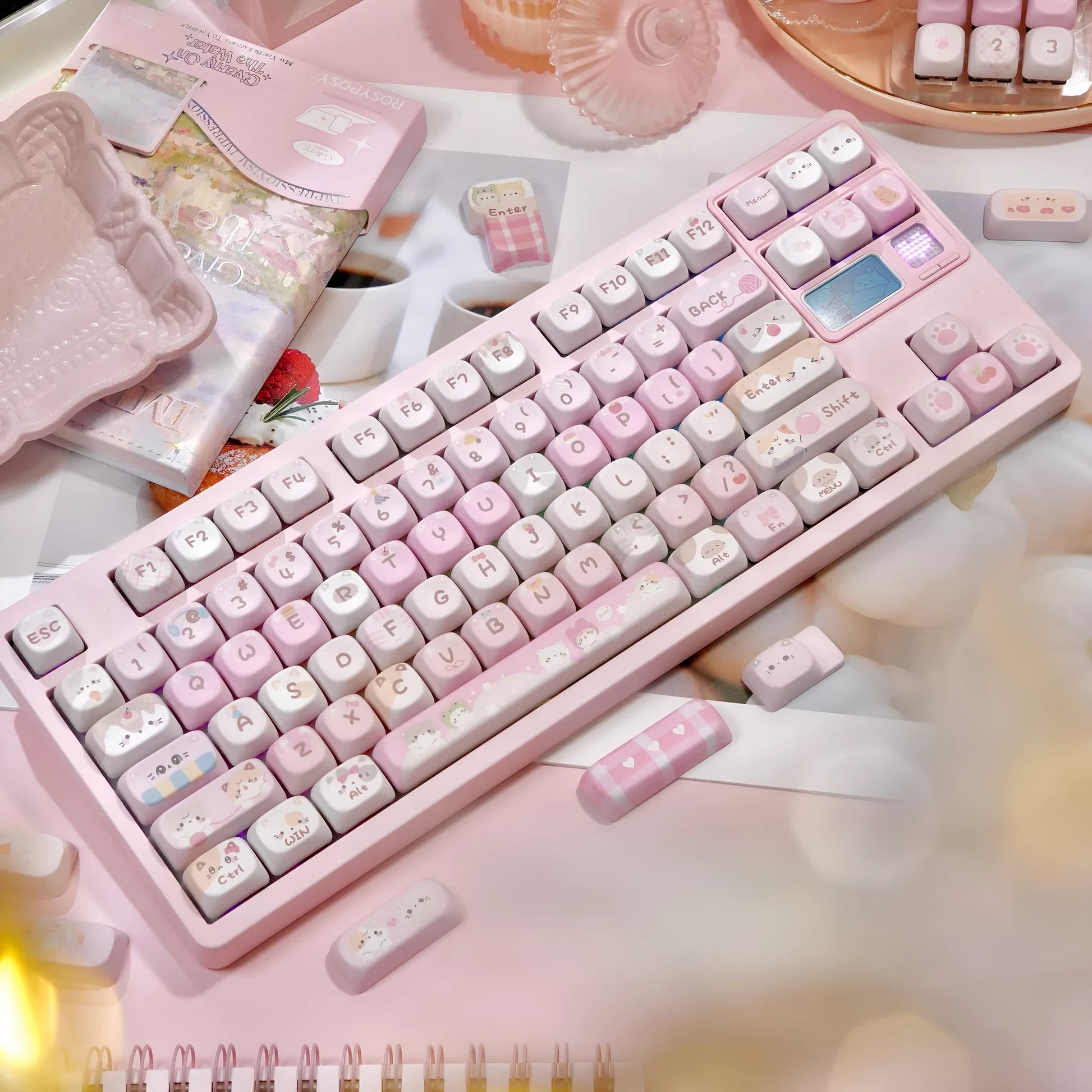 MOA Height five-sided sublimation key cap in solid pink with cartoon design for mechanical keyboards