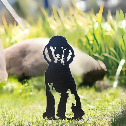 Metal dog silhouette garden decoration showing breed outline on iron background for outdoor display