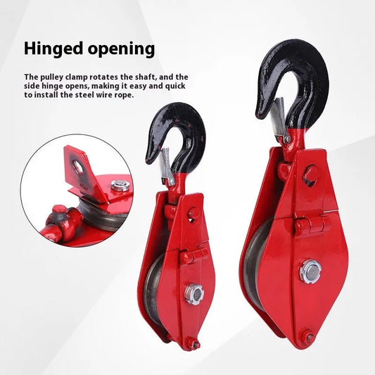 Red lifting pulley with safety latch, forged from A3 steel for industrial use with up to 5000kg load capacity.