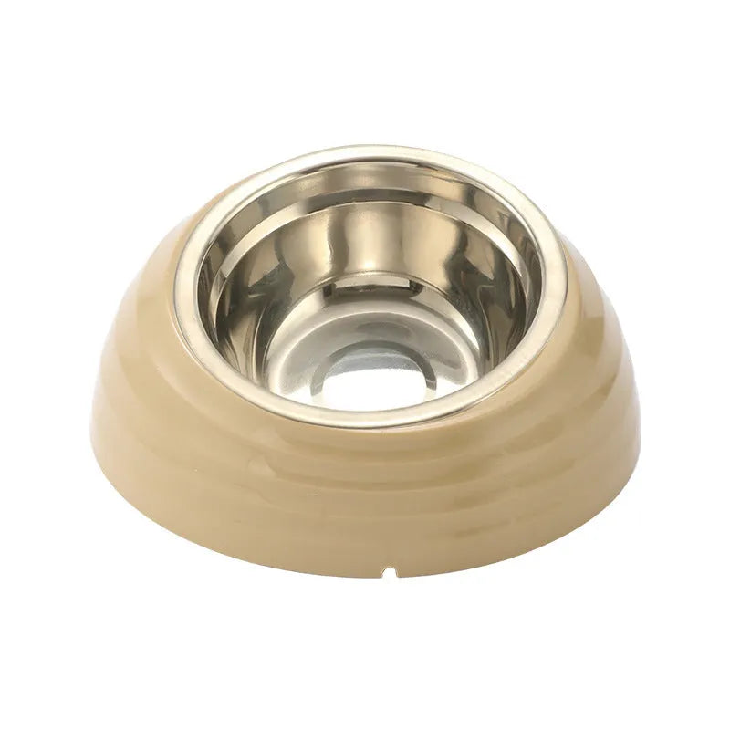 Single stainless steel cat bowl with a light green plastic base on a floor.