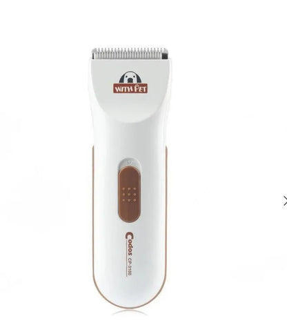 White electric pet hair clipper with ceramic blade showing battery compartment