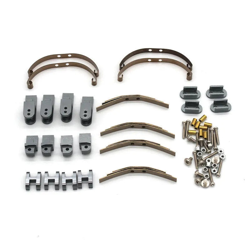 Alloy military-style remote control car accessories including grey front bar, beam, axles, and black tyres