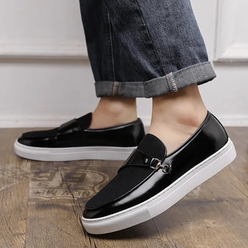 Men's black slip-on loafers with horsebit buckle and round toe, artificial leather upper